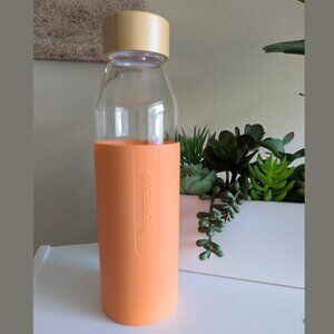 Nespresso, Glass Water Bottle, 17.6 oz, Bamboo Lid, Orange Silicone Sleeve, New